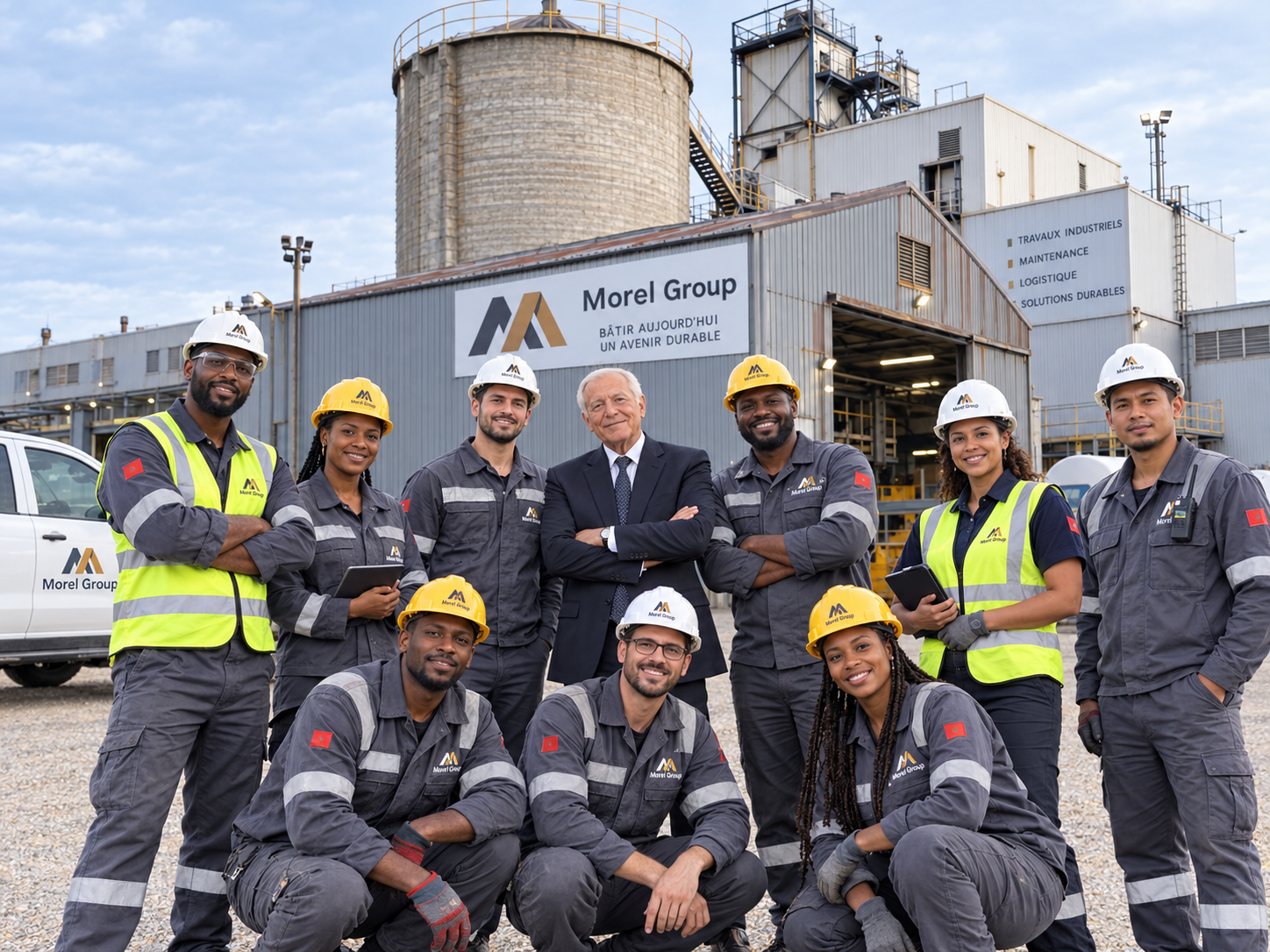 Pierre Morel, PDG de Morel Groupe, entouré des équipes terrain devant le site — Travaux industriels, Maintenance, Logistique, Solutions durables